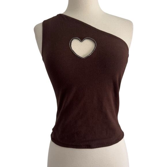 Y2K HOLLISTER Heart Rhinestone Cut Out One Shoulder Tank Top Chocolate Brown S - Picture 2 of 10